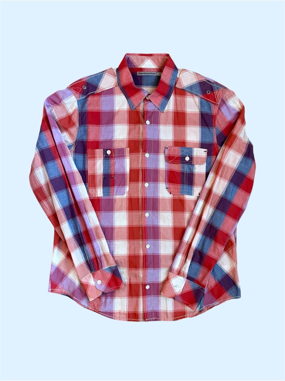 ProjekRaw Men's Red, White, and Blue Plaid Button-Up Shirt